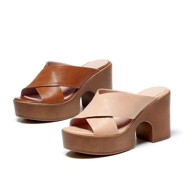 Summer casual retro chunky heel Roman sandals in genuine sheepskin leather, brown colour, side view