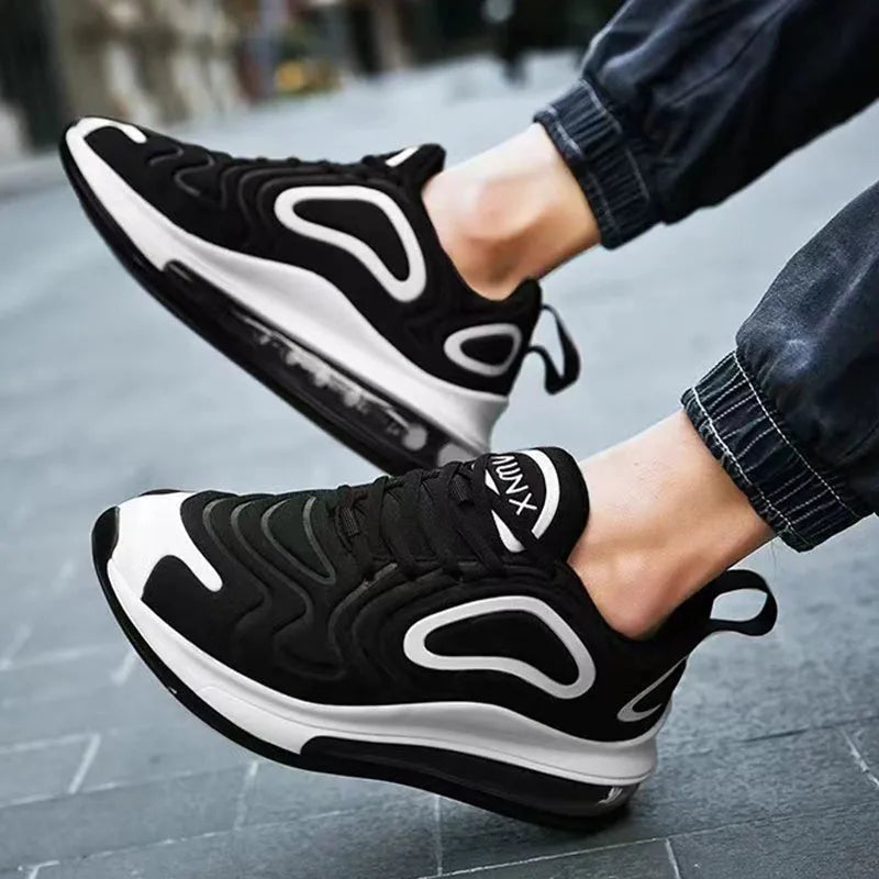 Men's black casual running shoes with a thick sole and lace-up front.