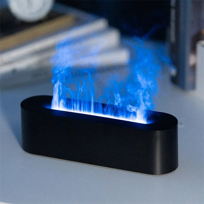 White square DQ709 ultrasonic aroma diffuser with LED flame light effect and cool mist vapour.