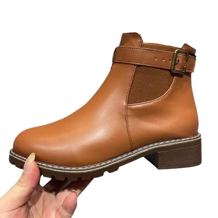 Women's round toe ankle boots with belt buckle decoration in black or chocolate brown
