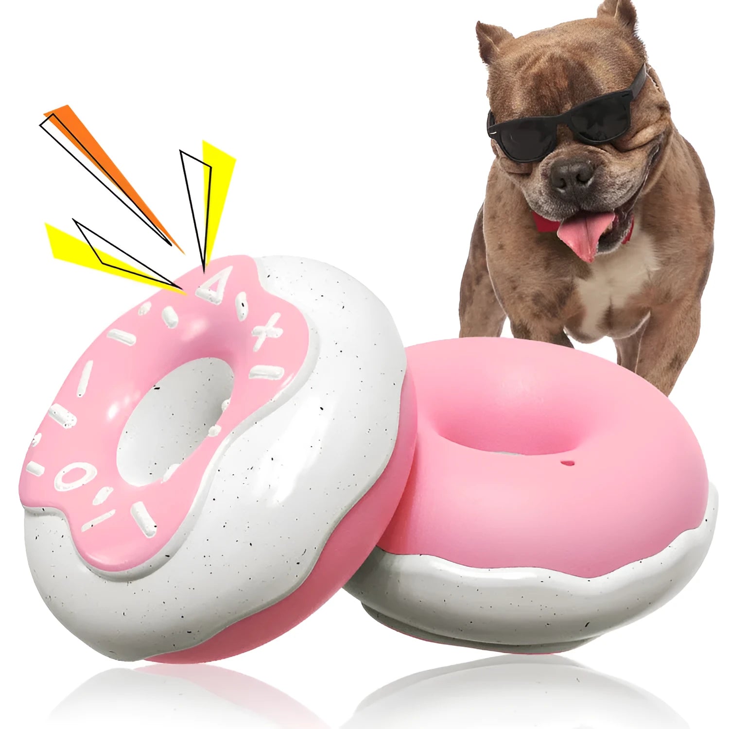 Pink donut-shaped dog toy with textured surface for teeth cleaning
