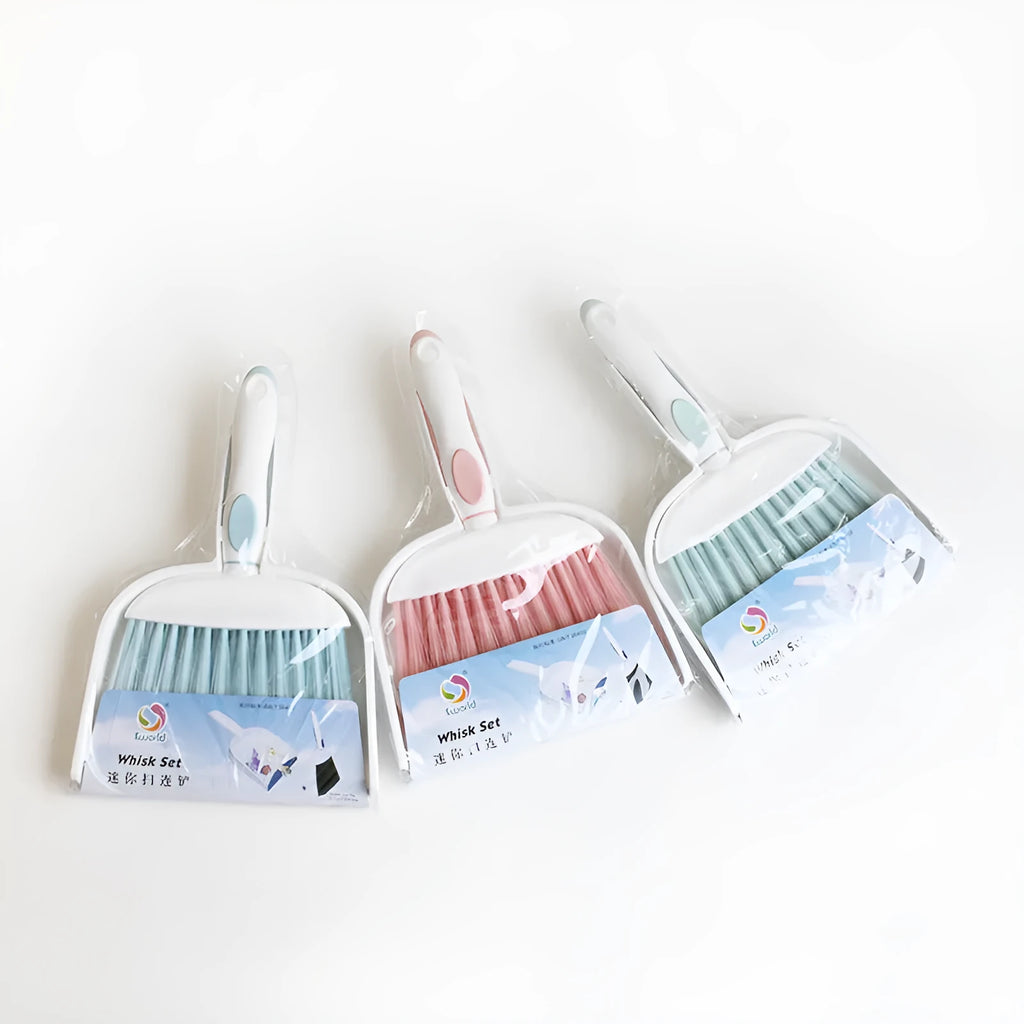 Mini plastic dusting brush and dustpan suit in small size with colour options cherry blossom powder, glacier blue, Nordic green, gray, blue white, and green white