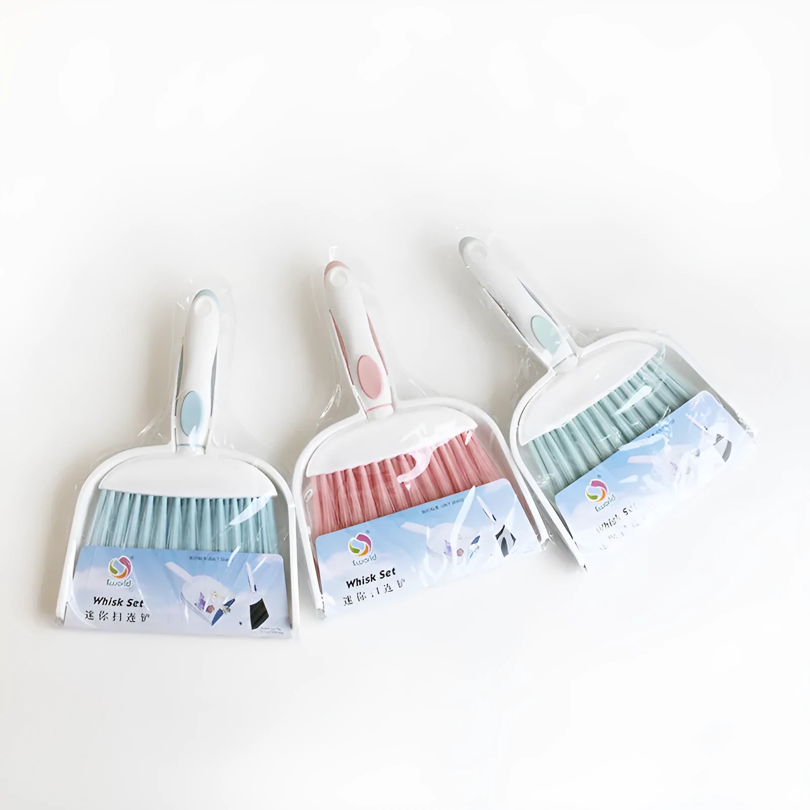 Mini plastic dusting brush and dustpan suit in small size with colour options cherry blossom powder, glacier blue, Nordic green, gray, blue white, and green white