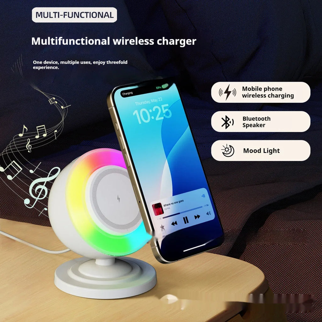 Three-in-one wireless charger with Bluetooth audio and coloured lights in black