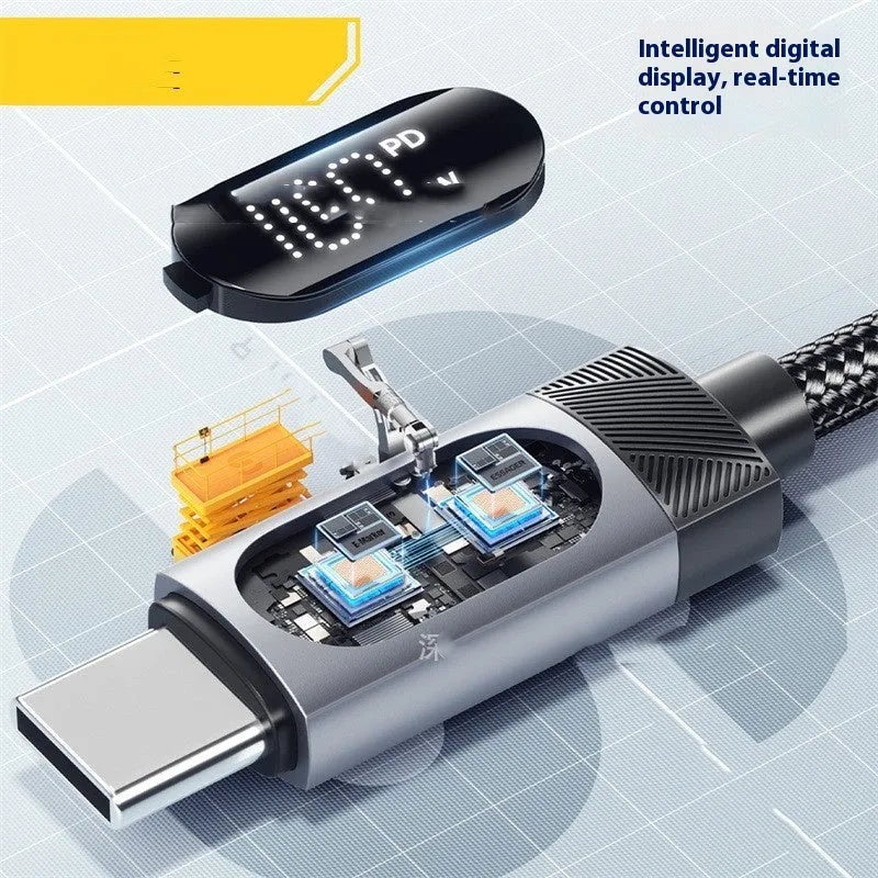 Silver grey aluminium alloy digital display data cable with Type-C connector and LED display showing charging status