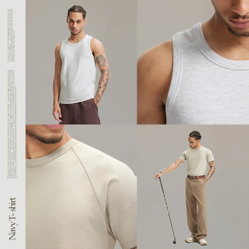 Slim fit stretch t-shirt set including a vest, men's short sleeve, and women's short sleeve top in assorted colours.