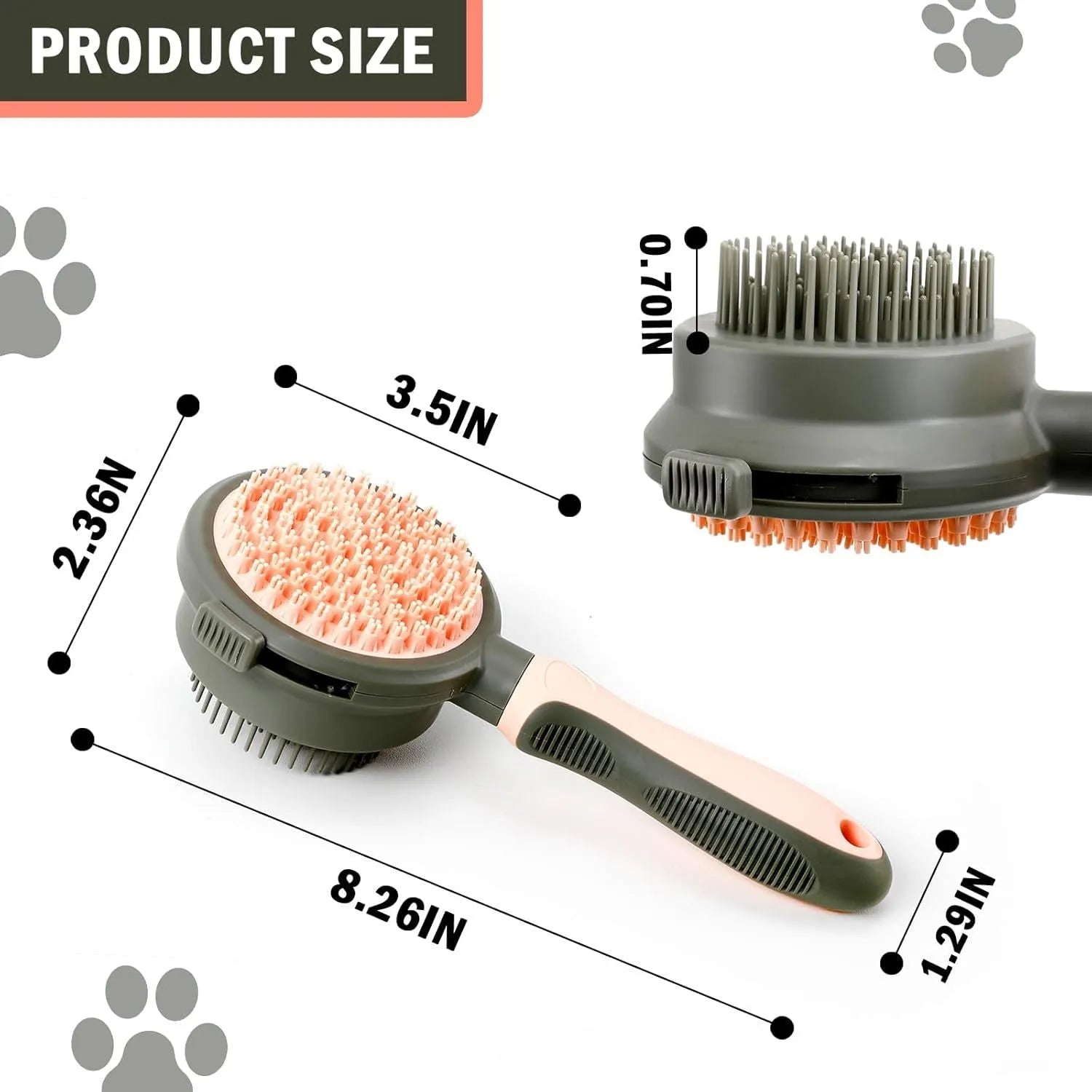 Green and pink double-sided cat brush with release button and included flea comb for pet grooming