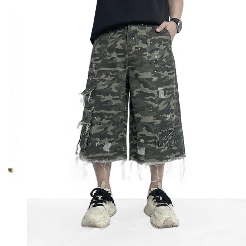 Camouflage wide leg cotton shorts with burrs set detailing for summer casual wear