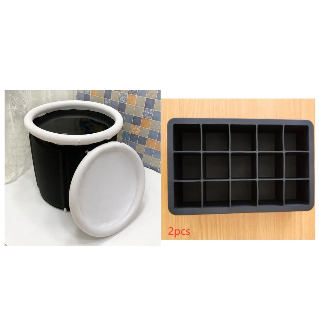 Black inflatable portable ice bath tub with insulation, shown with weather lid and pump.