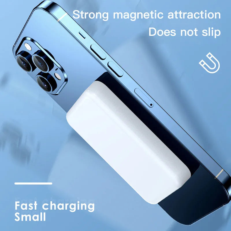 Pink wireless magnetic power bank showing dimensions and 20000mAh capacity label