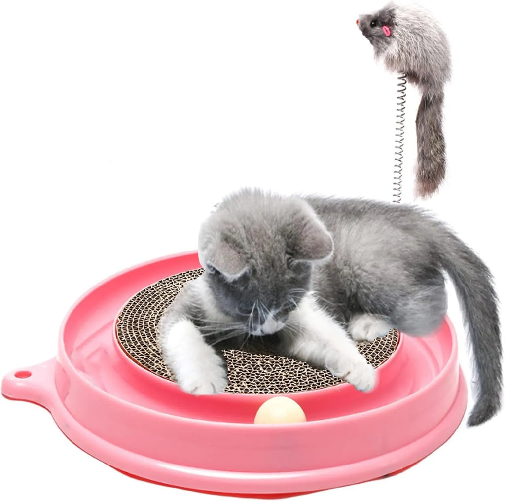 Blue interactive cat scratcher with ball track and replaceable scratch pad measuring 40cm square