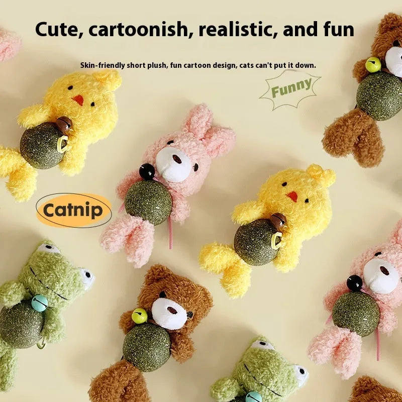 Plush catnip ball toy with bell in animal designs including brown bear and green frog