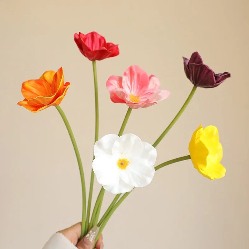 Fifteen PU artificial poppy flowers in bright red, dark purple, deep pink, orange, white, and yellow for wedding and home decor