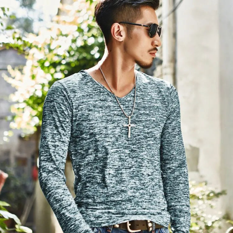 Men's long sleeve slim fit round-neck T-shirt in beige, black, blue, green, red options sizes M to 3XL for spring autumn