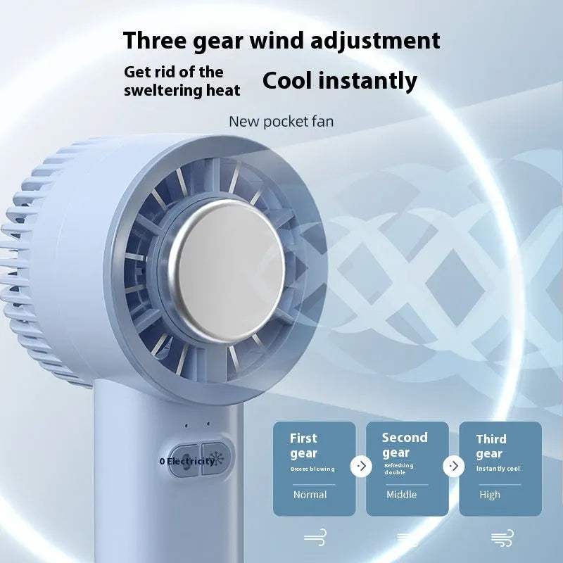 White handheld turbo jet fan with three blades, showing touch controls and compact portable design.