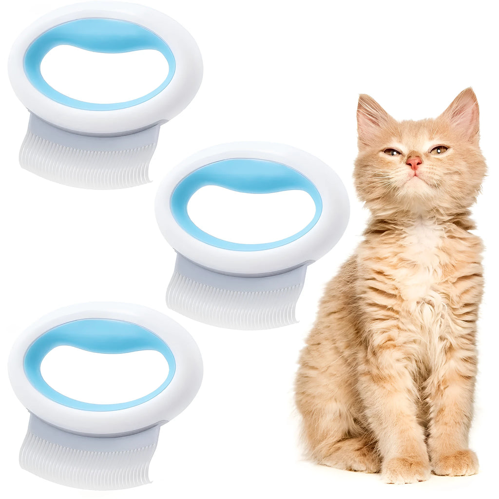 Blue plastic pet grooming comb for cats and dogs on a white background.