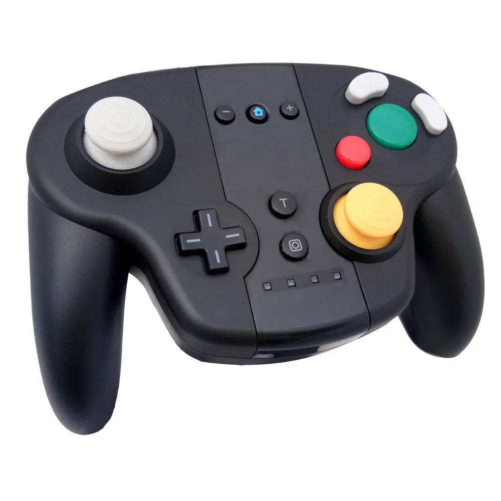 Black wireless gamepad controller with buttons, compatible with Nintendo SWITCH and Windows PCs.