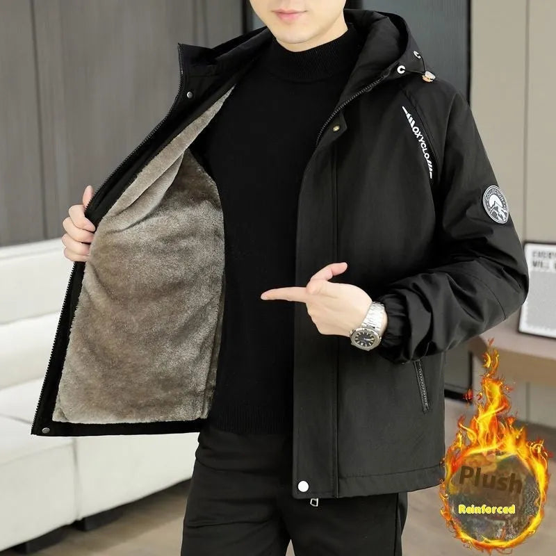 Men's casual hooded fleece-lined corduroy jacket in black, available in sizes M to 4XL