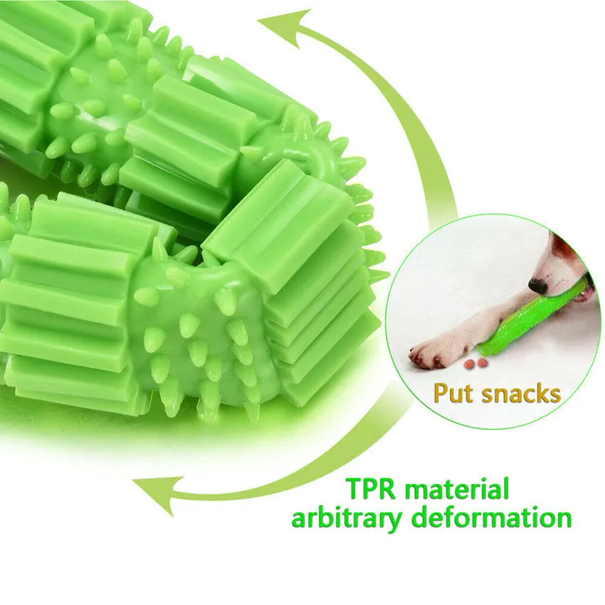 Green and orange durable rubber dog chew toy with treat dispenser hole for aggressive chewers.