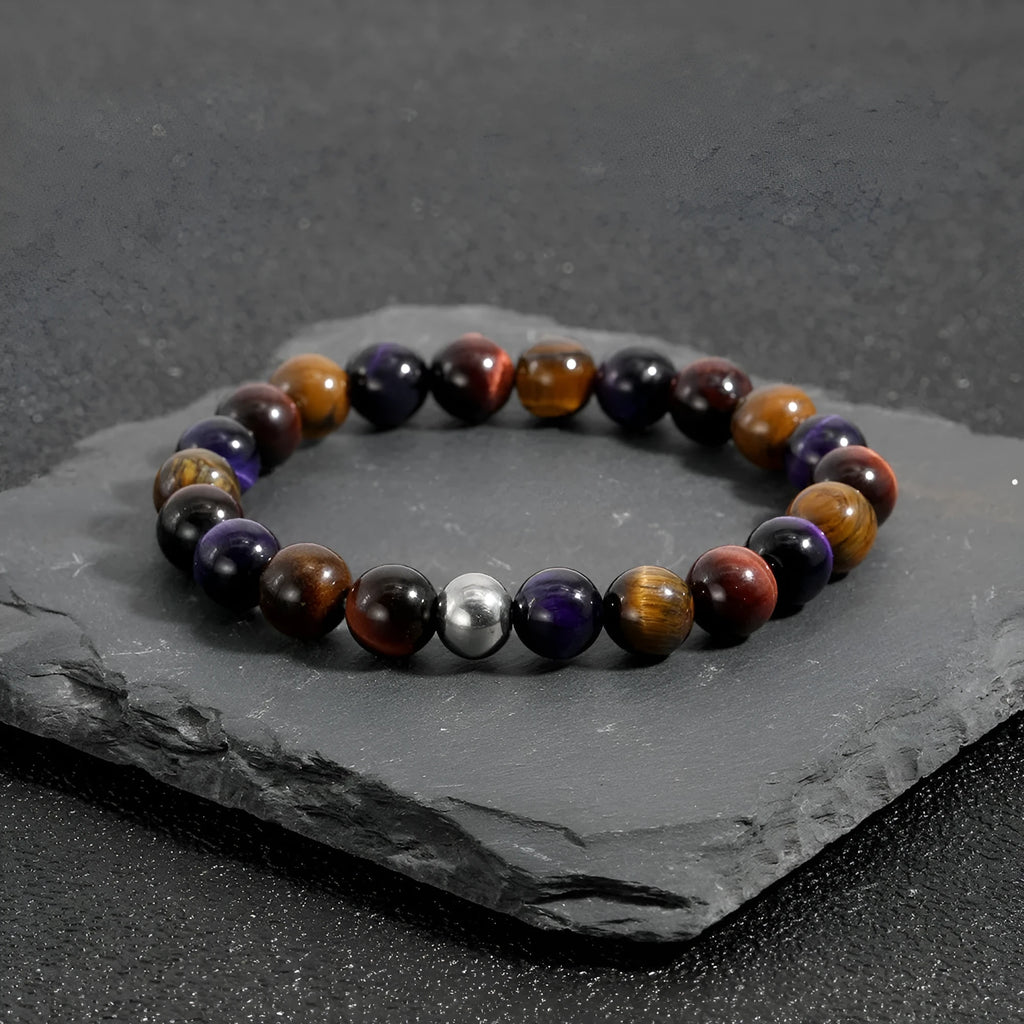 Handmade natural tiger-eye stone bracelet with geometric beads on elastic band