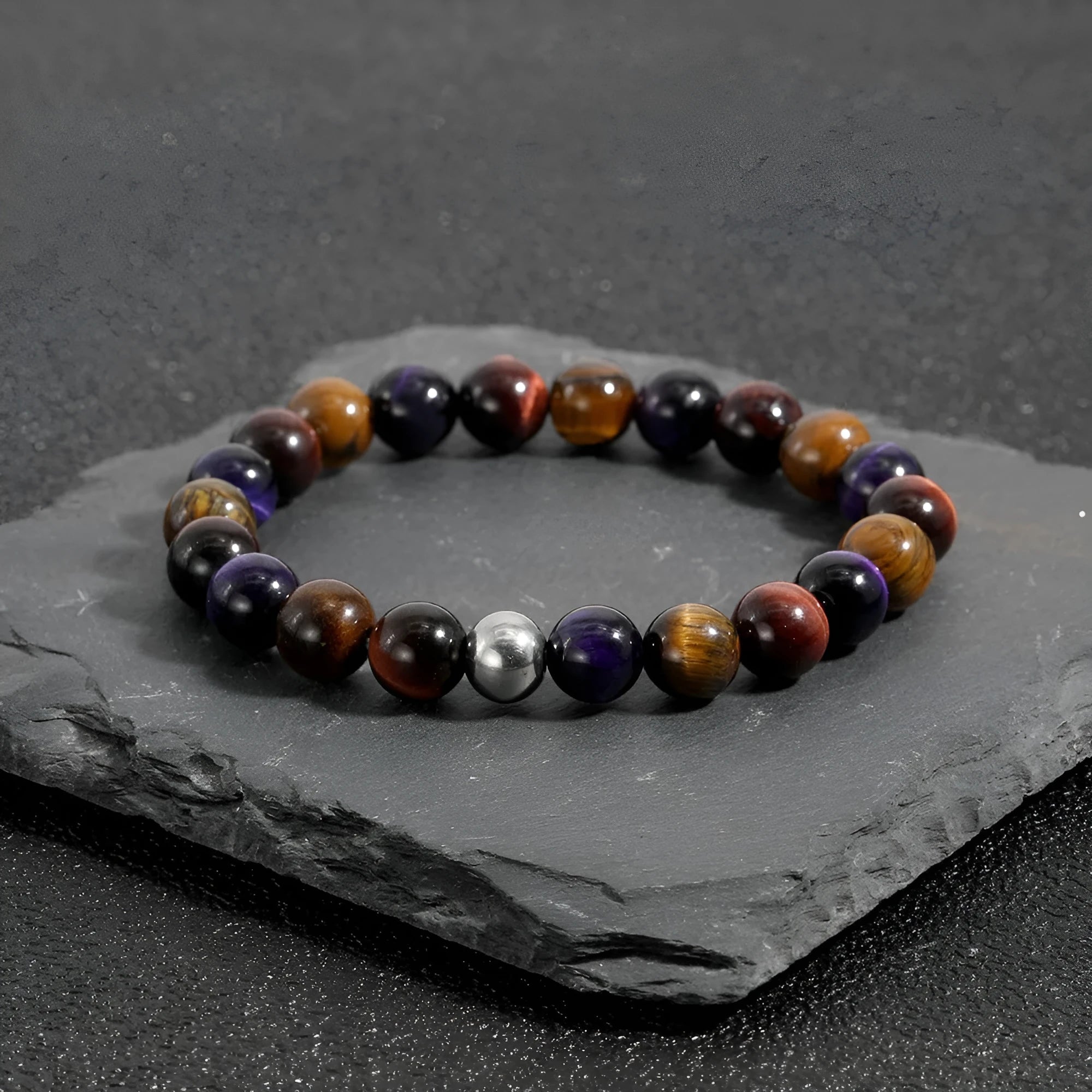 Handmade natural tiger-eye stone bracelet with geometric beads on elastic band