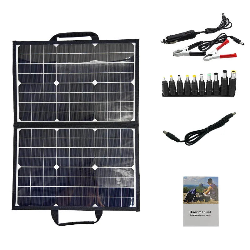 Black 40W solar panel folded inside its portable carrying bag.
