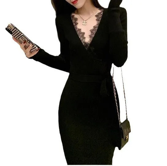 Black women's slim fit woolen skirt dress with a midi length and princess cut.