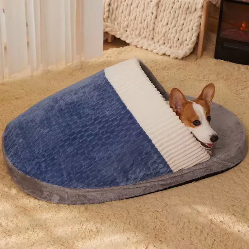 Blue dog nest sleeping bag with removable fleece interior for a small dog