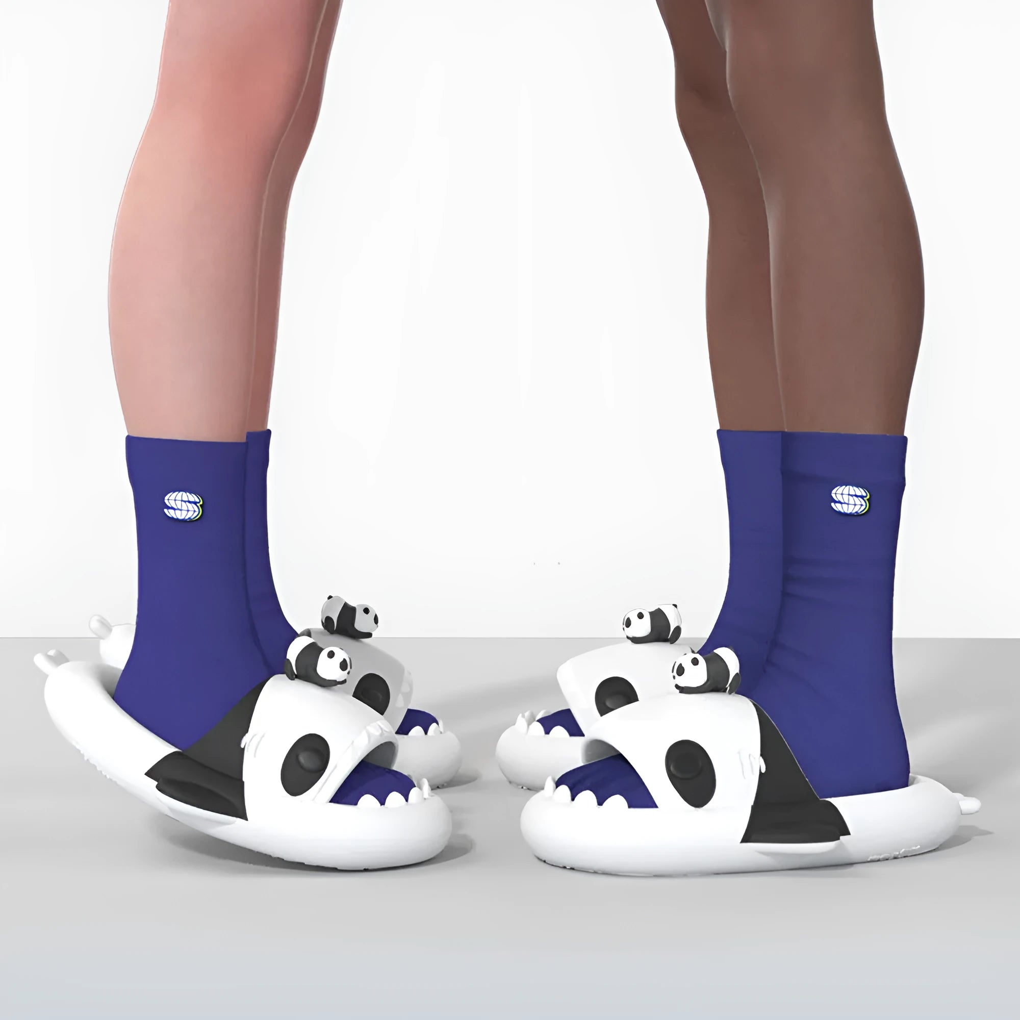 Thick soled non-slip EVA home slippers with cat and shark design, two colour options available