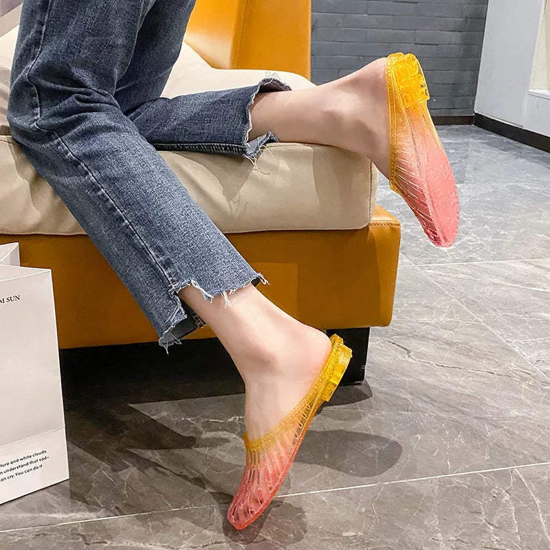 Fashion crystal women's toe-covered non-slip sandals with gradient colour finish, plastic upper and PVC sole, top view