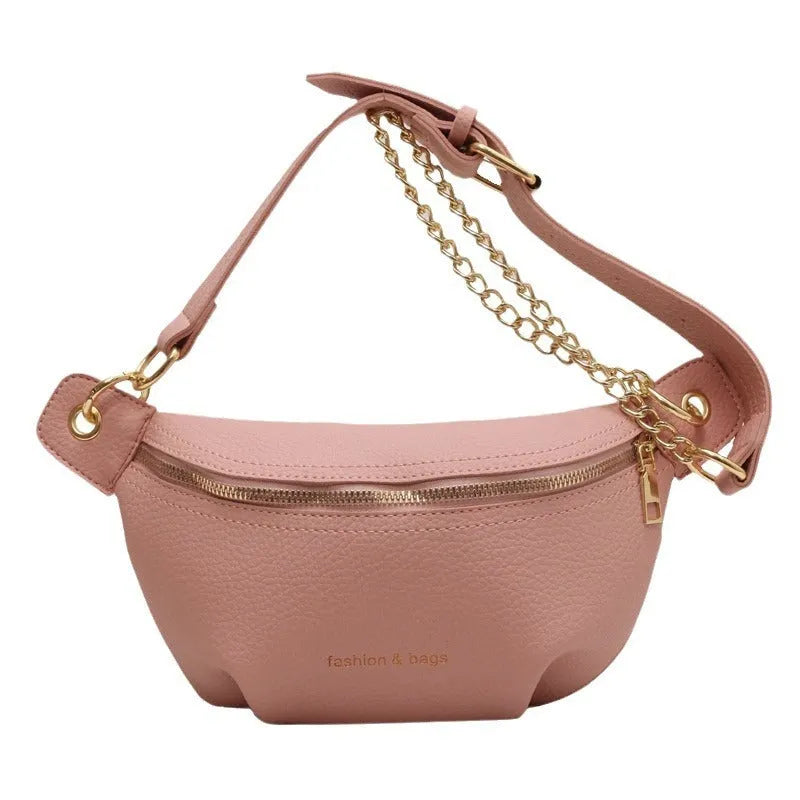 PU waist bag in black with spliced design and single shoulder strap for daily wear