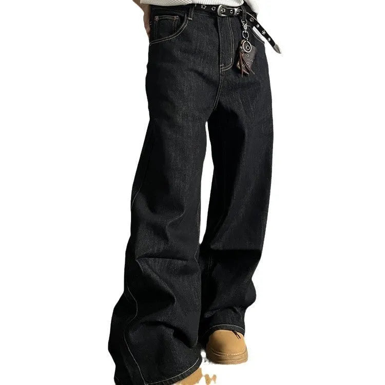 Black retro wide-leg denim jeans with straight-leg design and zip placket