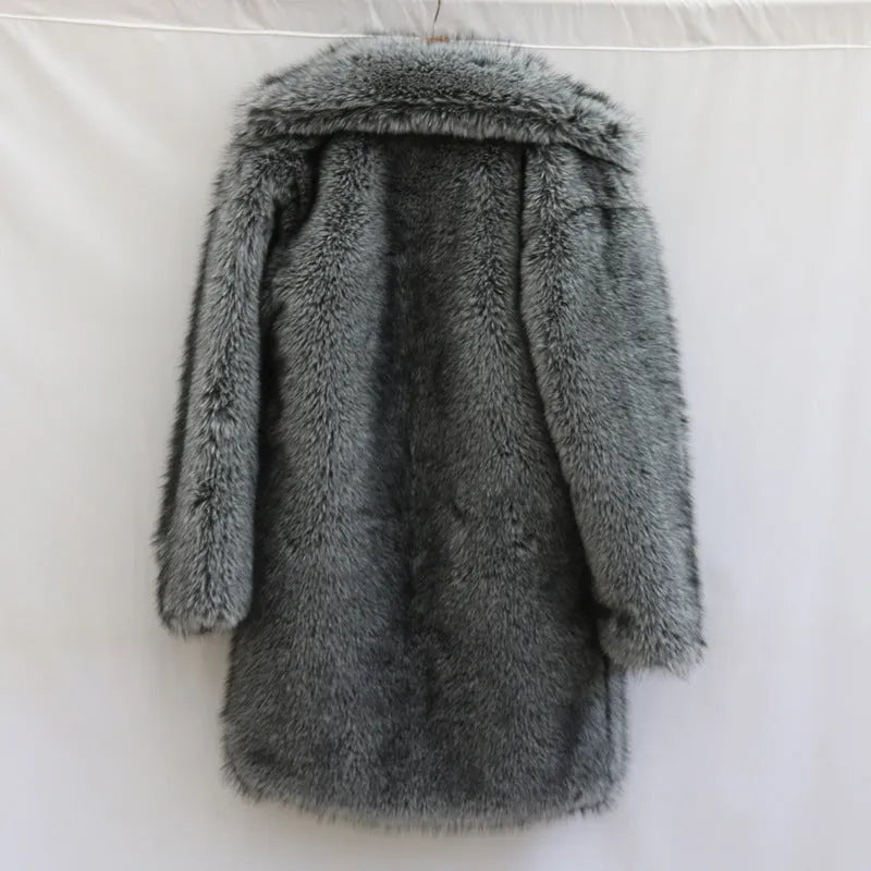 Men's long-cut faux fox fur coat in dark gray, 80cm length, side seam pockets, loose street fashion style