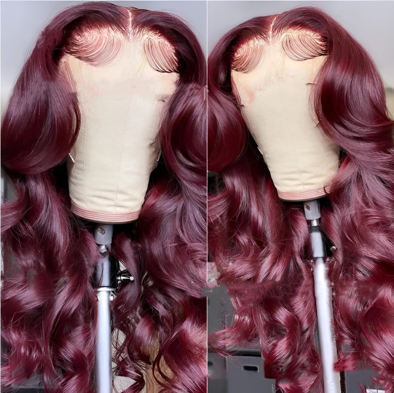 Front lace synthetic wig in wine red T6963 with long curly hair and long bangs for ladies