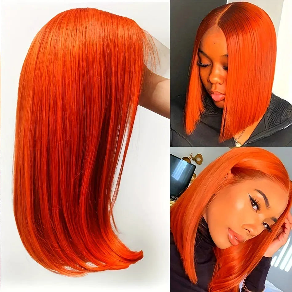 Straight ginger orange bob wig, human hair, 13x4 lace front, natural style, 10-16 inch lengths