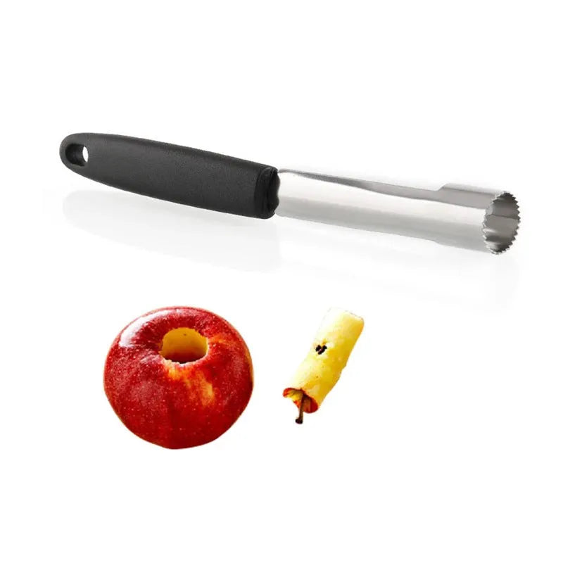 Stainless steel fruit corer with 178mm length and 20mm diameter on white background