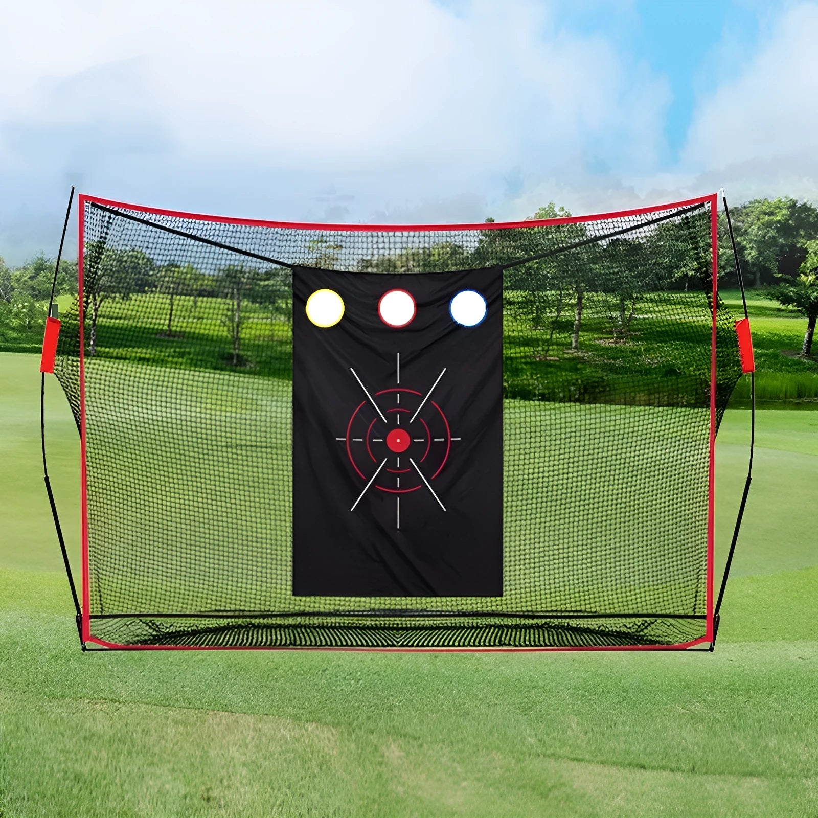 Golf swing wedge training net with 3-hole cross target and straw practice mat