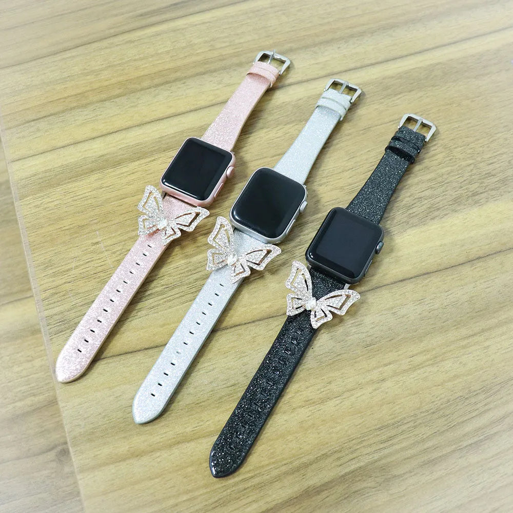 Apple Watch strap with glitter diamond butterfly design in Black, 38to40mm size
