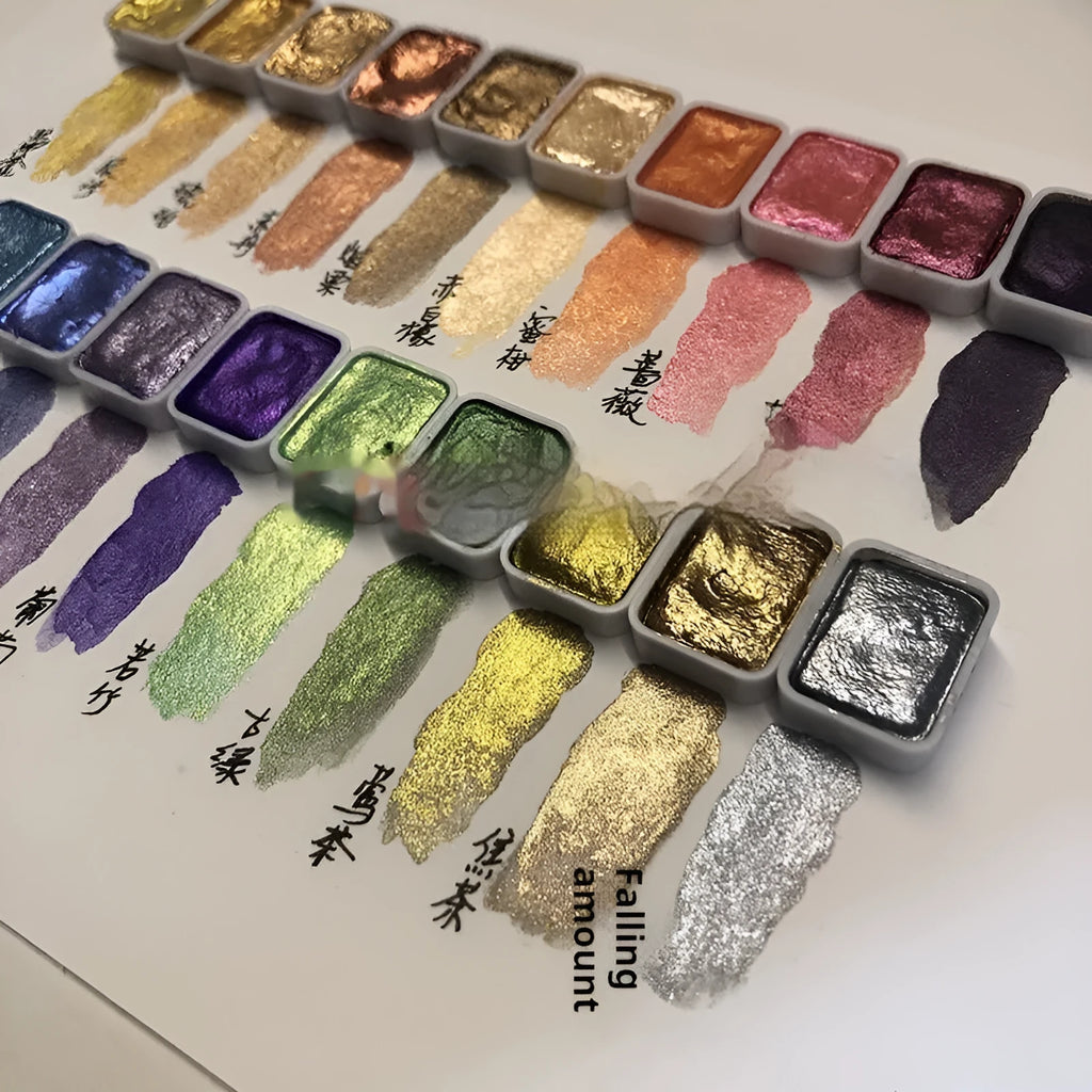 Traditional Chinese painting watercolour set with 20 pearlescent colours including red and white gold tubes