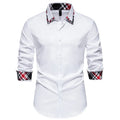 Men's blue plaid long sleeve shirt with a triangle collar on a hanger.