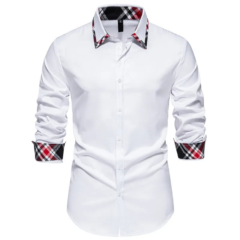Men's blue plaid long sleeve shirt with a triangle collar on a hanger.