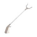 Stainless steel and plastic extended garbage picker tool with push handle and gripper jaws.
