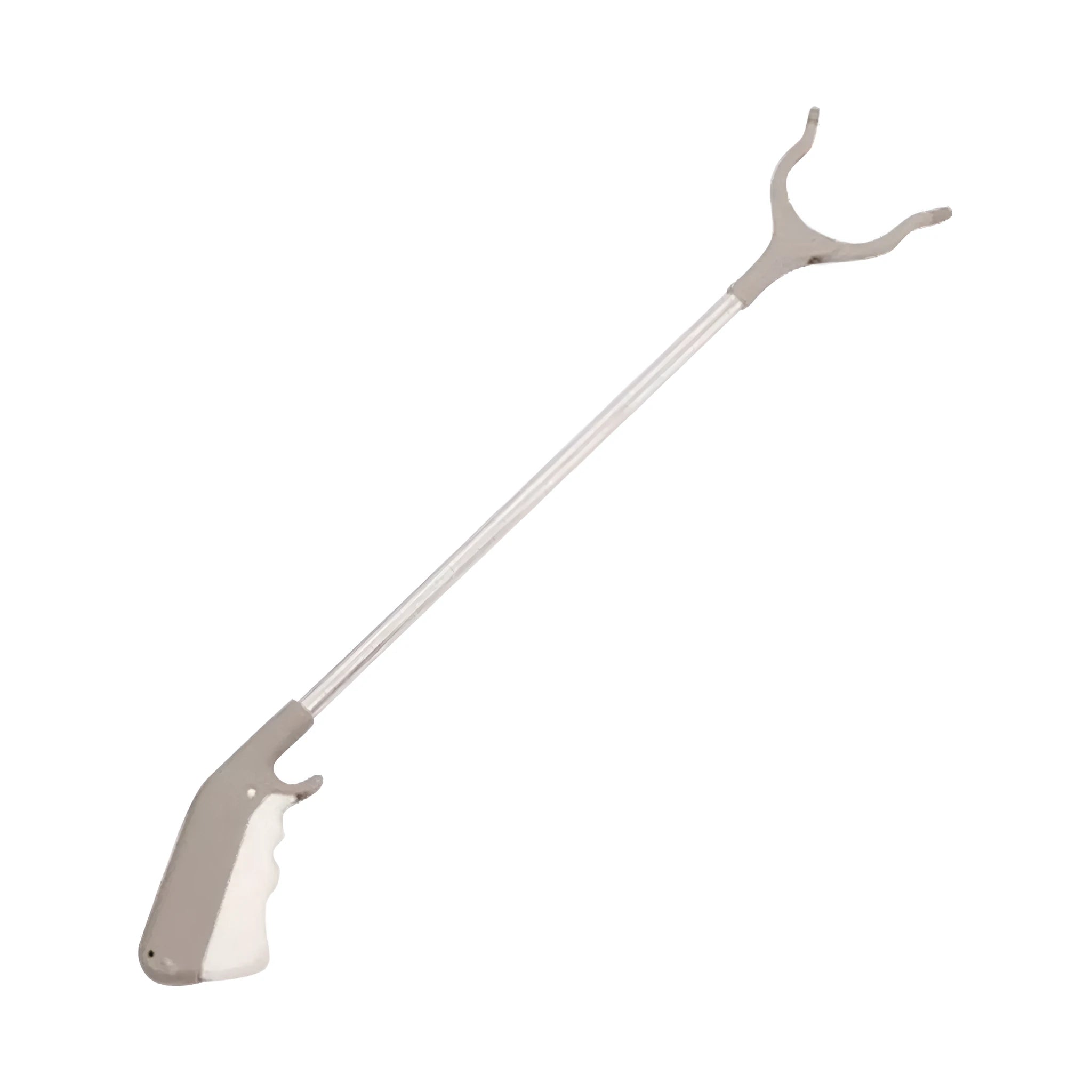 Stainless steel and plastic extended garbage picker tool with push handle and gripper jaws.