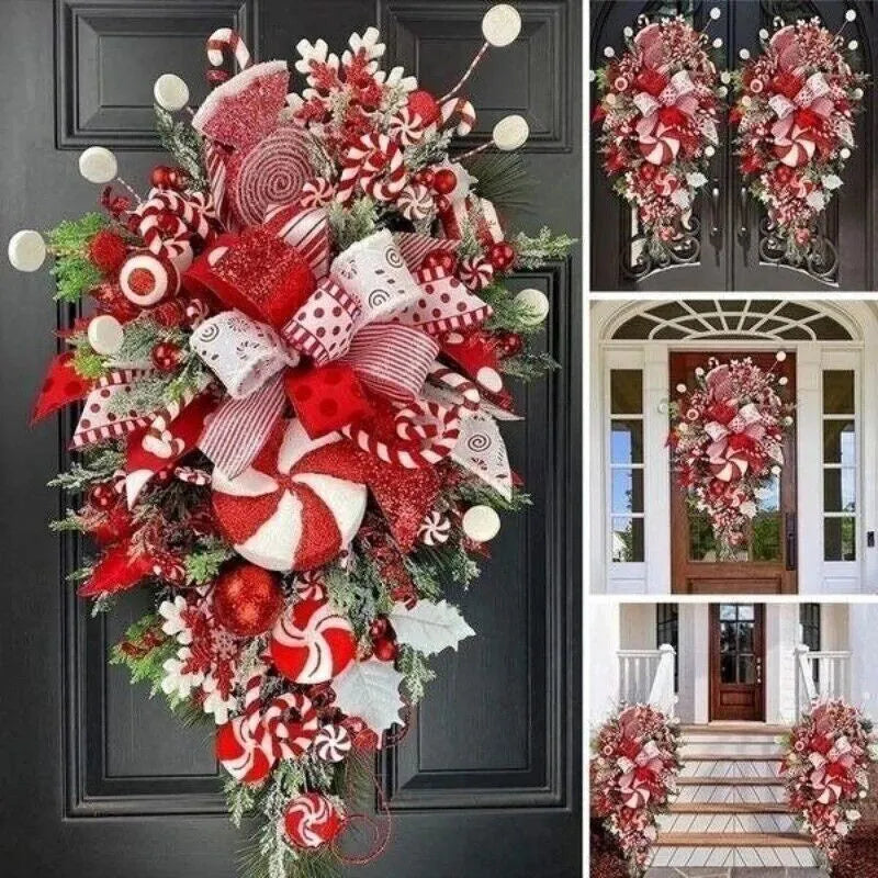 Artificial Christmas candy upside down tree garland in plastic, 50cm size, with yellow ribbon loops for hanging