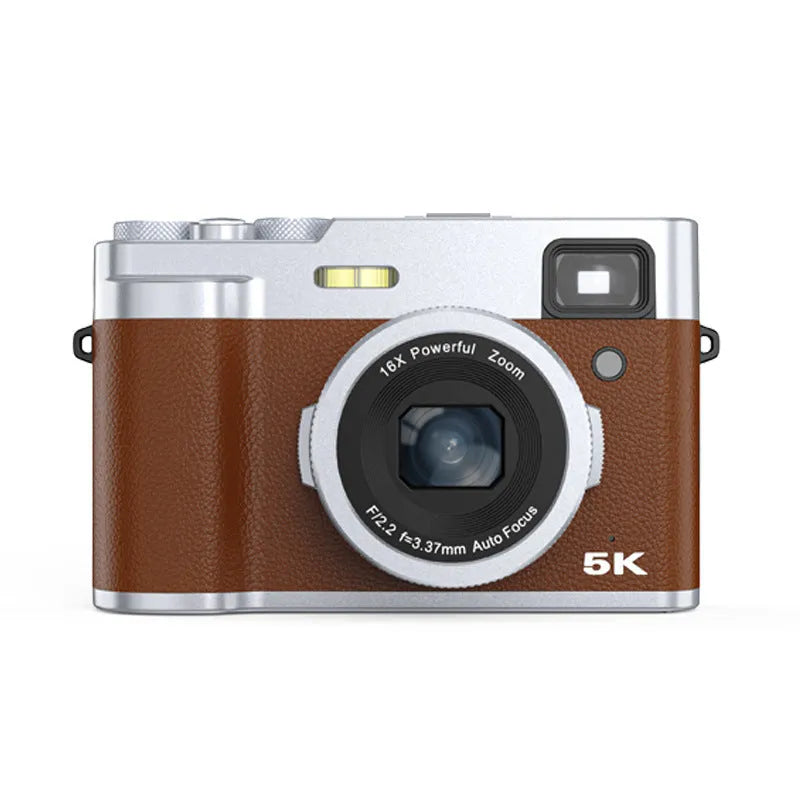 Black or brown 5K digital camera with dual lenses, a 2.88-inch screen, and an optical viewfinder on top.