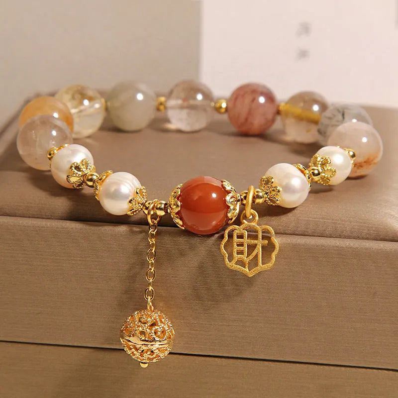Natural colour hair crystal pearl bracelet for women with Japanese Korean style and Cai character design