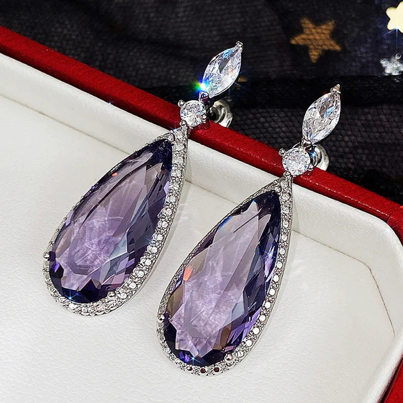 Purple zircon drop earrings with copper base and micro-inlaid design, women's bridal style, one pair.
