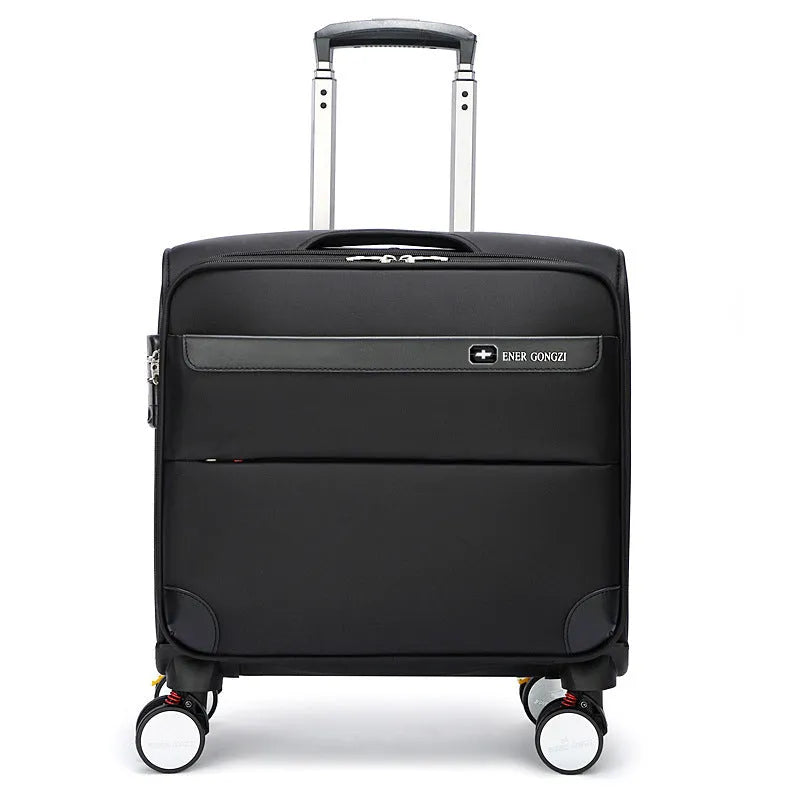 Black 18 inch Oxford cloth carry-on suitcase with retractable draw bar and universal wheels.