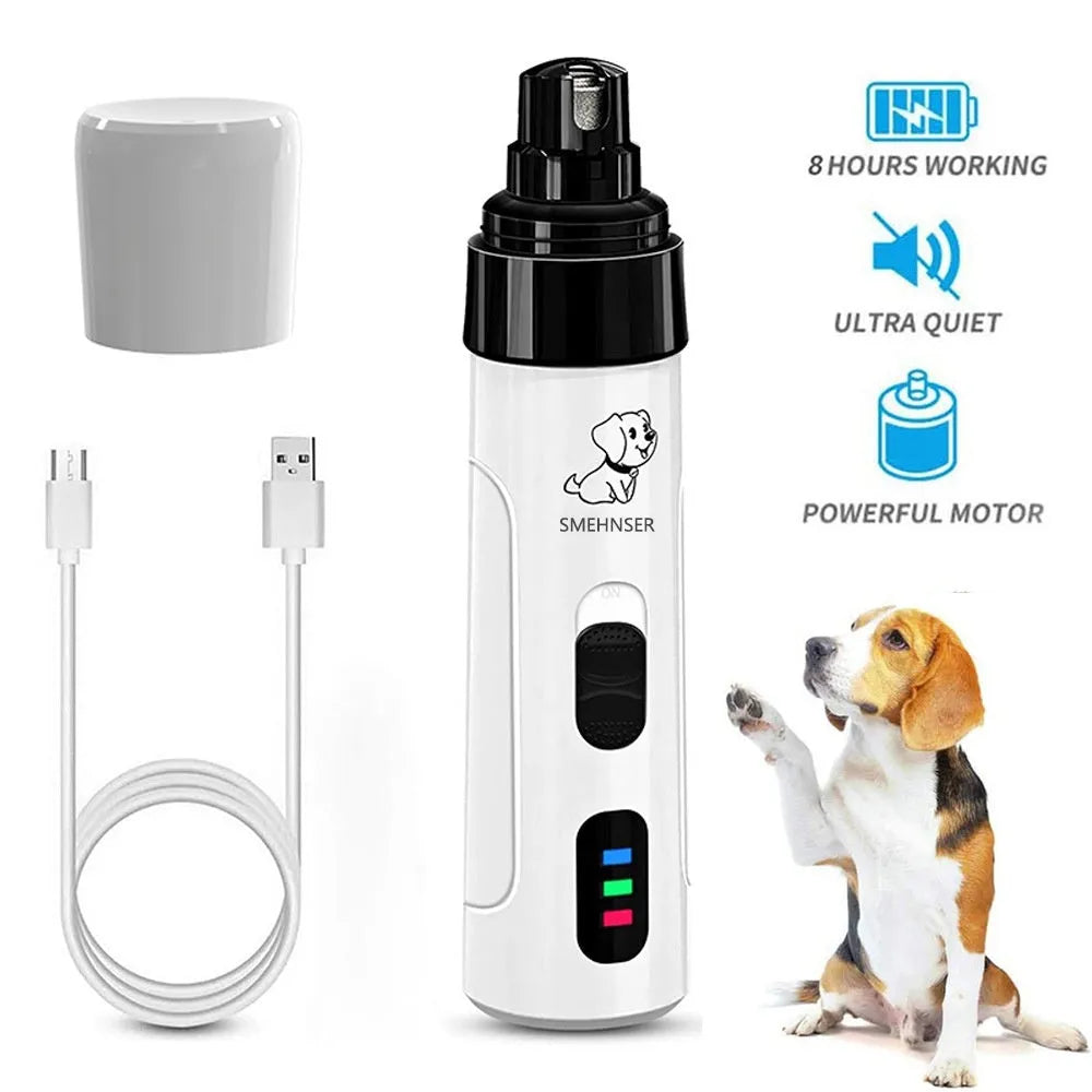 Electric dog nail trimmer with LED display showing speed settings on a grey background.