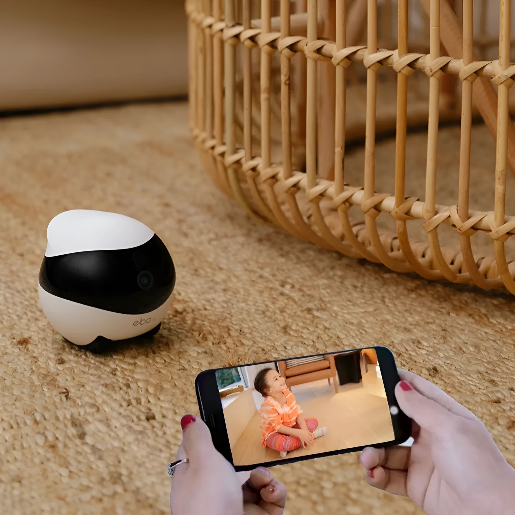 White smart home mobile surveillance robot camera on a docking station.